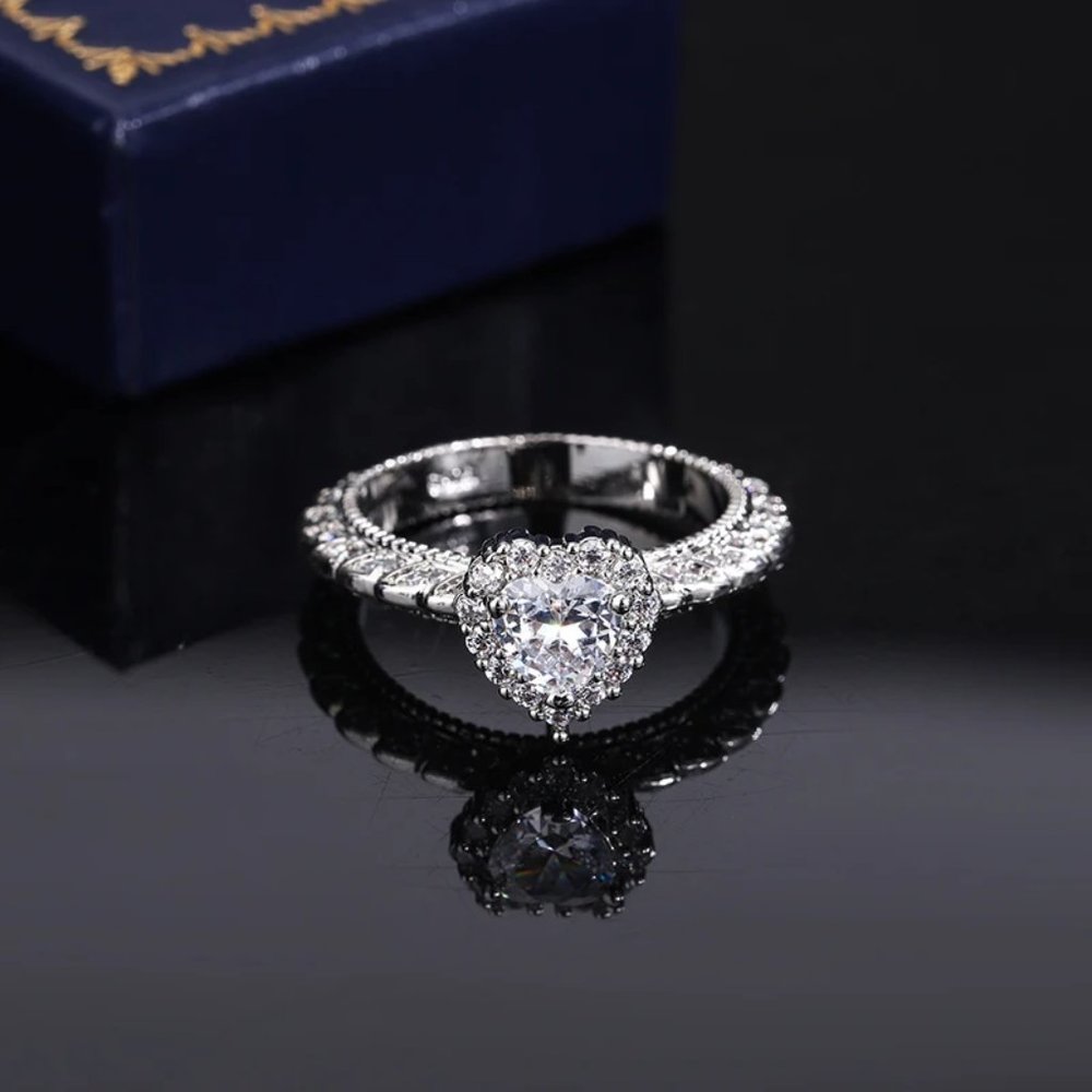 Heart Shaped Bridal Ring .925 Solid Sterling Silver, 18K White Gold Finish - Picture 4 of 6